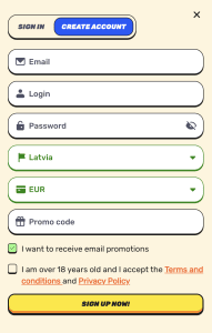 Spauskite CREATE ACCOUNT paskyros kūrimui