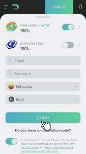 Spauskite Sign Up ir pradėkite registraciją