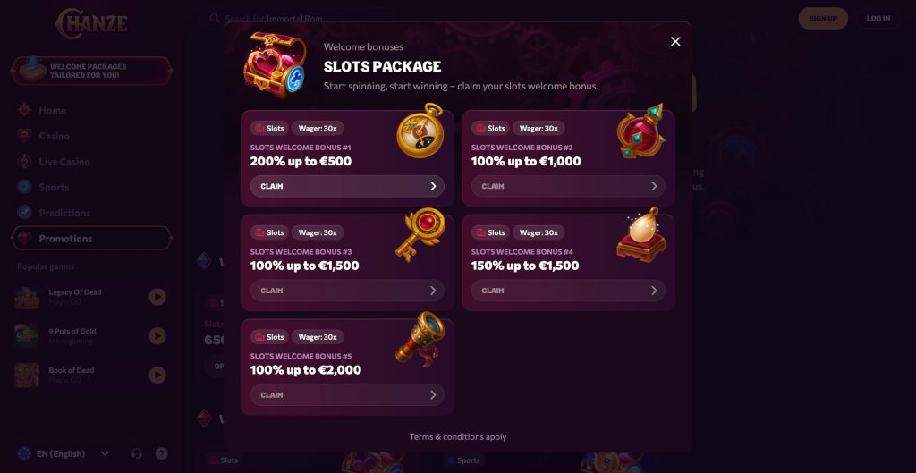 Chanze Casino - Sveikinimo premija